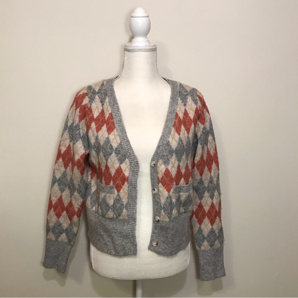 Lush Argyle Thick Knit Sweater Cardigan Size Small